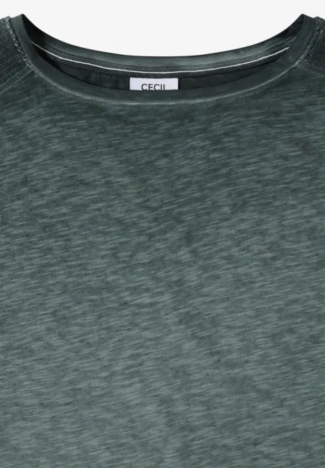 Dunkelgrünes T-Shirt mit Rundhalsausschnitt aus meliertem Stoff.