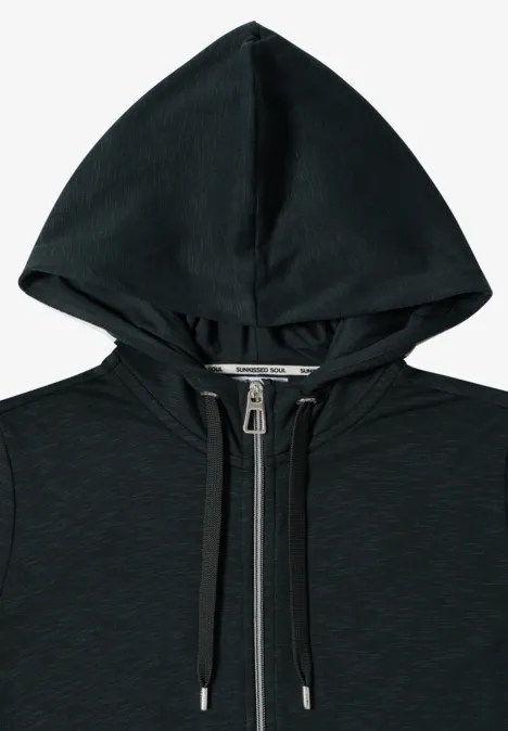 Schwarzer Kapuzenpullover mit Reißverschluss und langen Kordeln