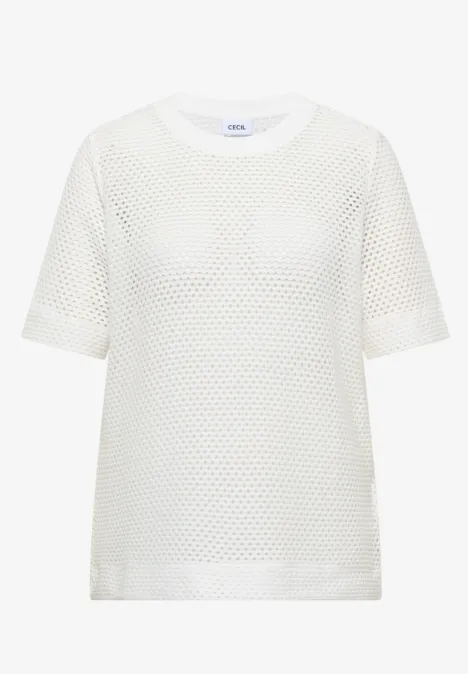 Shirt met ronde hals in ajour look vanilla white Wit mesh T-shirt met korte mouwen en ronde hals.