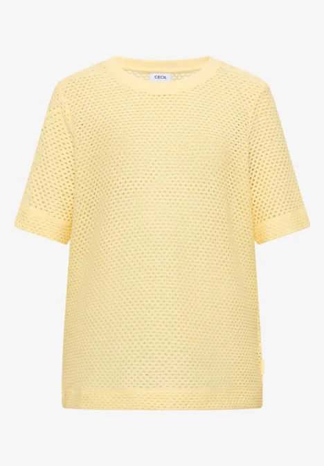 Shirt met ronde hals in ajour look buttermilk yellow Geel kort mouw mesh T-shirt met ronde hals.