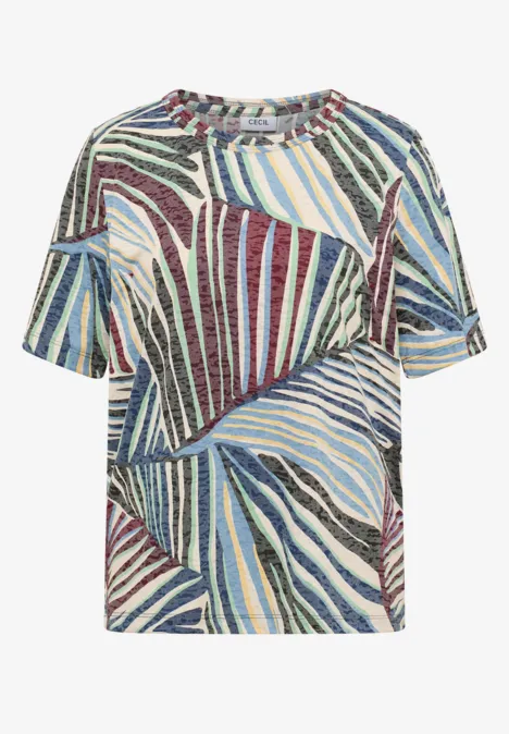Shirt in burnout-look met print palm breeze green T-shirt met korte mouwen en abstract meerkleurig streeppatroon in blauw, beige en rood.