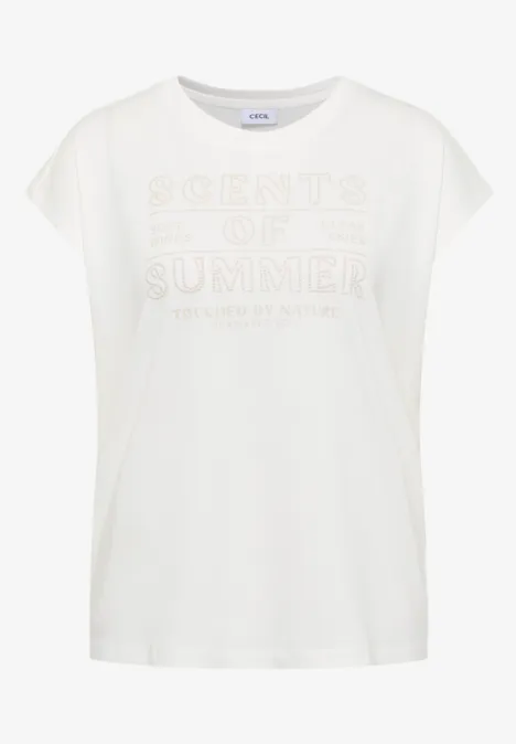 Wit dames-T-shirt met doorlopende schouders en subtiele "SCIENTIFIC SUMMER" frontprint