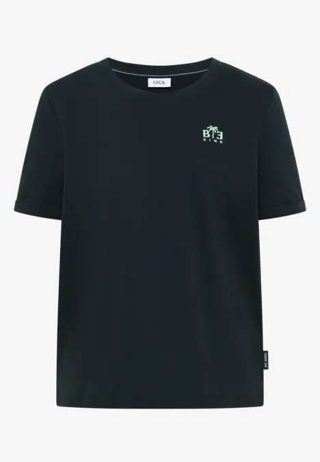 Zwart T-shirt met ronde hals en klein lichtgroen-wit logo op de borst