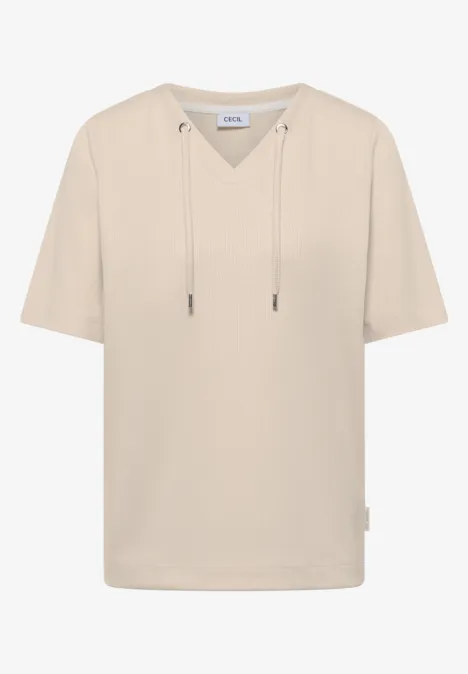 Gestreept shirt pearl beige Beige korte mouw hoodie-T-shirt met V-hals en trekkoorden.