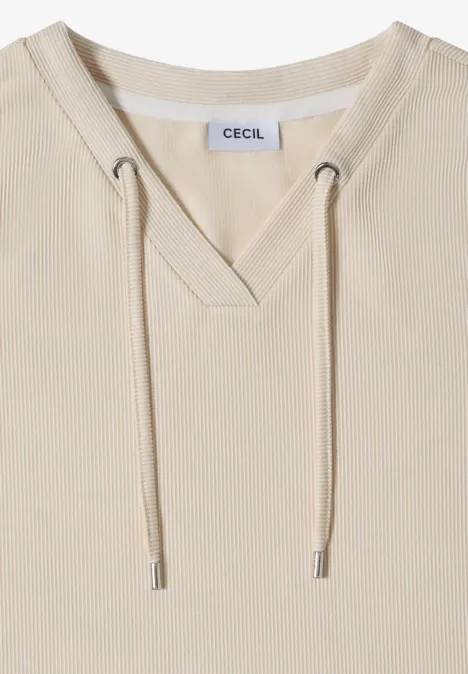 Gestreept shirt pearl beige Beige hoodie met V-hals, koordjes en 'CECIL'-label bij de halslijn.