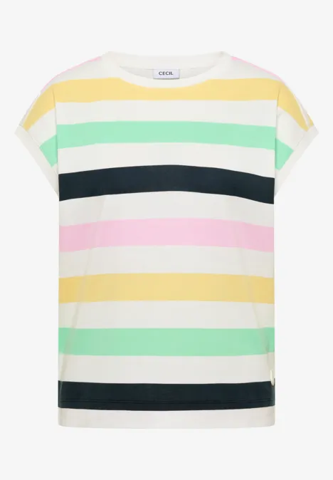 T-Shirt mit kurzen Ärmeln und breiten pastellfarbenen Streifen in Gelb, Rosa, Mintgrün und Marineblau.