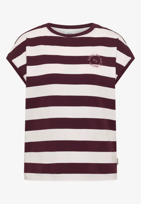 Weißes und bordeauxrot gestreiftes T-Shirt mit Rundhals und lässiger Passform.