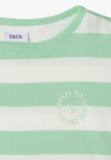 Weiß-grün gestreiftes kurzärmeliges T-Shirt mit Rundhalsausschnitt, Label 'Cecil' und dezentem Frontdruck.