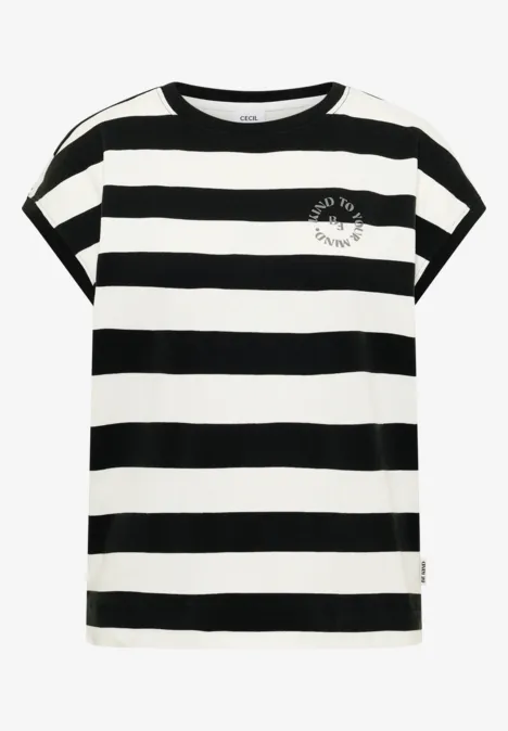Schwarz-weiß-gestreiftes T-Shirt mit kurzen, leicht umgeschlagenen Ärmeln und kleinem Logo auf der Brust.