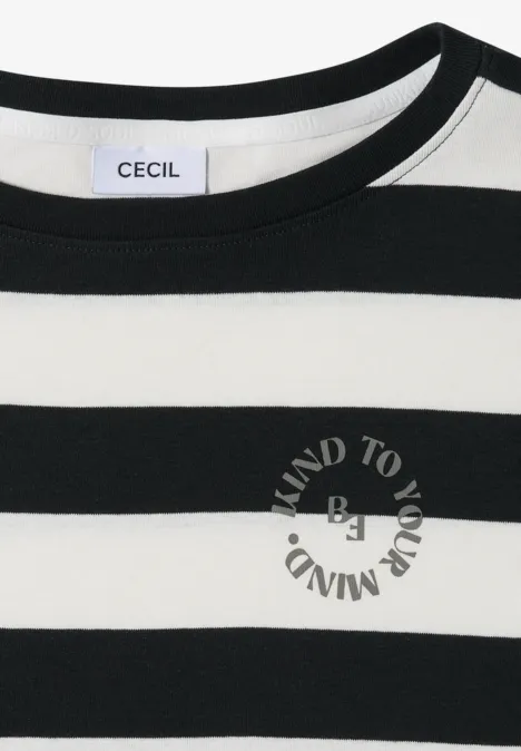 Schwarzes-weiß gestreiftes T-Shirt mit 'CECIL'-Label im Kragen und rundem 'MIND TO YOUR MIND'-Print vorn.