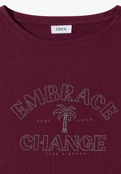 Bordeauxrotes T-Shirt mit Nieten-Print 'EMBRACE CHANGE' und Palmenmotiv, Markenlabel 'Cecil' am Ausschnitt