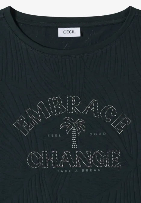 Schwarzes T-Shirt mit Aufdruck "Embrace Change" und Palmenmotiv, Markenlabel CECIL am Kragen.