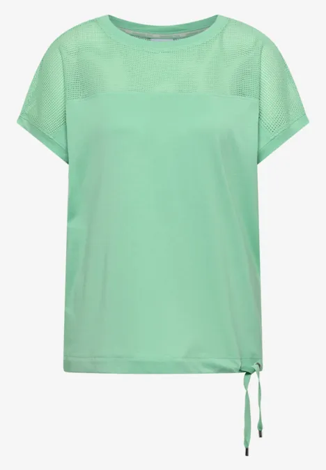 Mintgroen T-shirt met korte mouwen, ronde hals en zijstrikdetail.