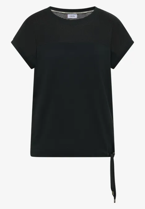 Zwart T-shirt met korte mouwen en zijknoopdetail onderaan.
