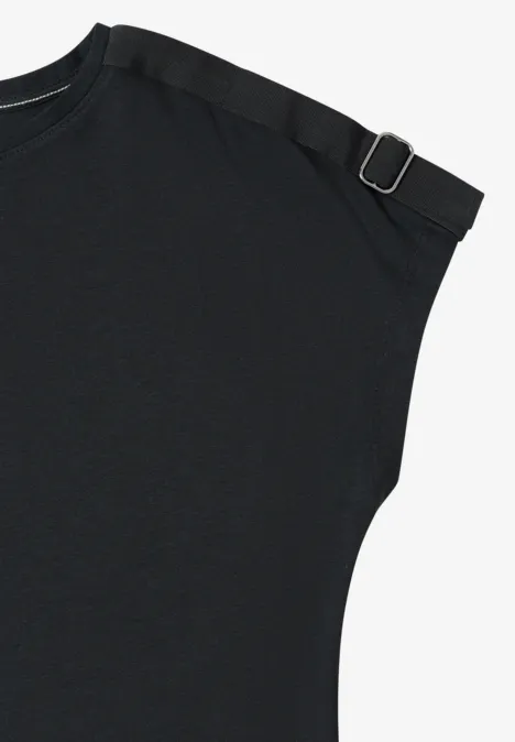 Schwarzes, ärmelloses Top mit modischem Schulter-Riemen und Metallschnalle.