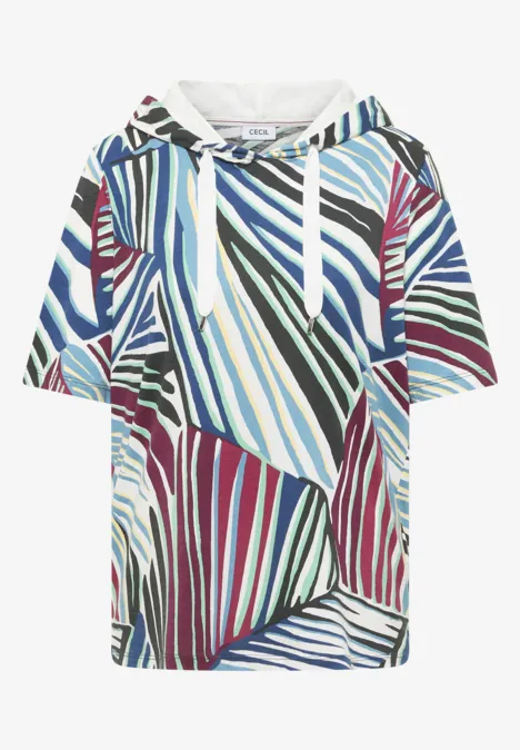 Hoodie shirt met print palm breeze green Korte mouw hoodie met kap en kleurrijke, abstracte strepenprint