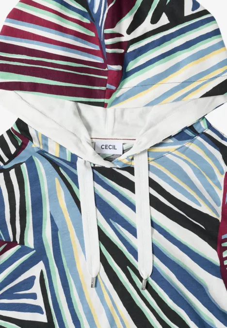 Hoodie shirt met print palm breeze green Bonte capuchontrui met diagonale strepen in rood, blauw, groen en wit, koord en 'CECIL'-label.