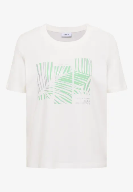 T-shirt blanc à manches courtes avec imprimé géométrique vert composé de lignes abstraites à l’avant.