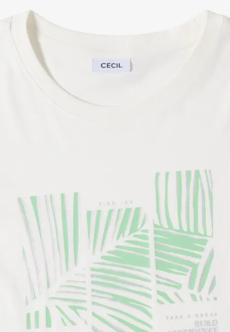 Wit T-shirt met groen palmbladpatroon in vier vierkante vlakken.