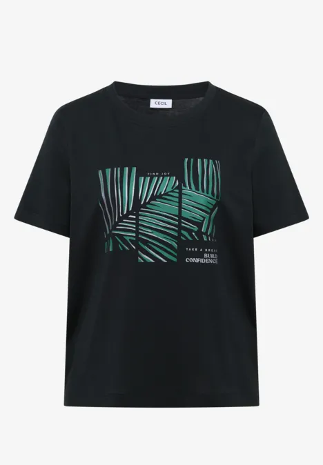 T-shirt noir avec motif de feuille verte abstraite sur le devant.