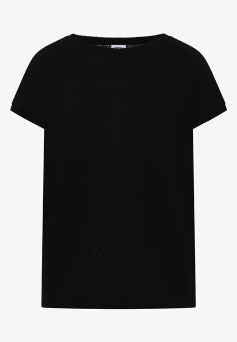 Ein schlichtes schwarzes T-Shirt mit kurzen Ärmeln und Rundhalsausschnitt.