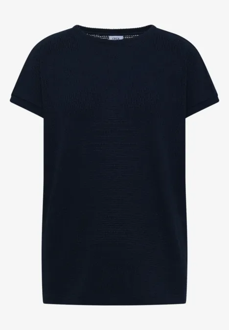 Ein schlichtes, dunkelblaues T-Shirt mit kurzem Arm und Rundhalsausschnitt.