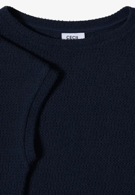 Dunkelblaue, grob gestrickte Damen-Strickjacke mit Rundhalsausschnitt und Label "CECIL".
