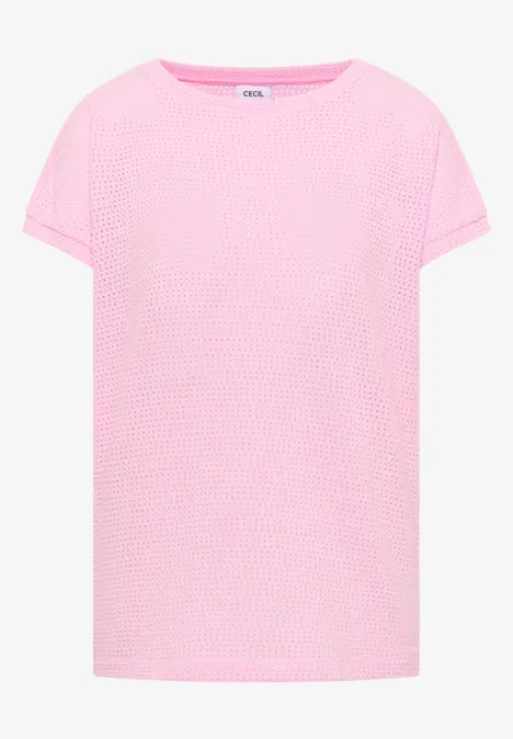 Ein schlichtes, kurzärmeliges T-Shirt in zartem Rosa mit dezenter Struktur.