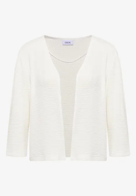 Cardigan blanc en maille, ouvert, manches 3/4, structure côtelée fine.