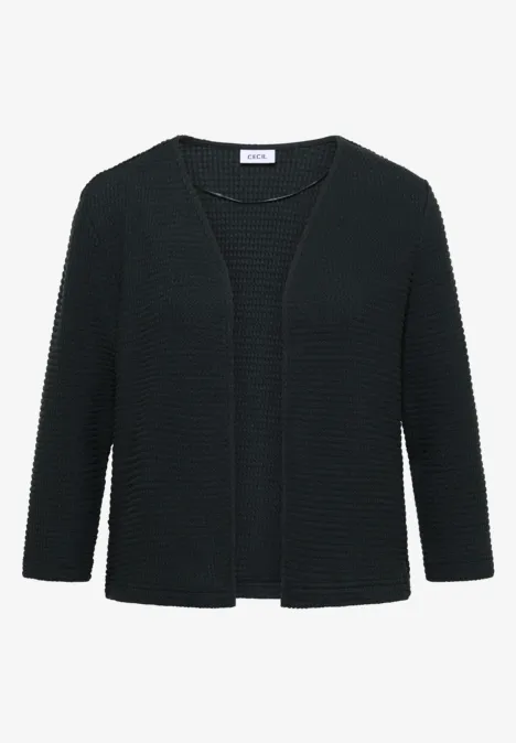 Cardigan noir à manches 3/4, ouvert, en maille, au design épuré.