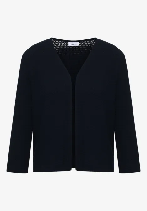 Veste ouverte à manches 3/4 en look ajouré universal blue Cardigan femme noir, en maille fine, coupe ouverte et manches 3/4.