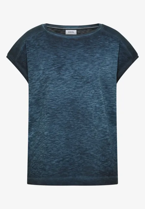 Dunkelblaues Damen-T-Shirt in Melange-Optik mit kurzem Arm und Rundhalsausschnitt.