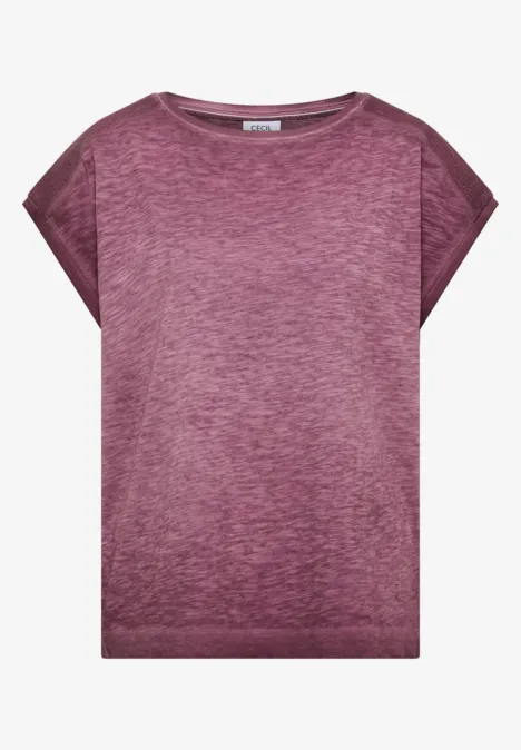 Simpel, recht damesshirt in gemêleerde aubergine met doorlopende mouwen en ronde hals.