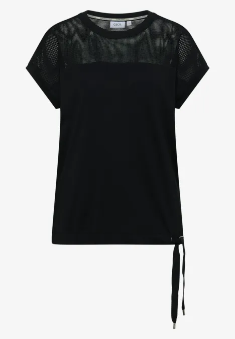 Zwart T-shirt met transparante mesh inzet bovenaan, korte mouwen en zijwaartse strikdetail.