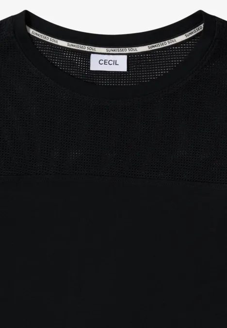 Zwart dames-T-shirt met mesh-inzet bovenaan en CECIL-label bij de hals.