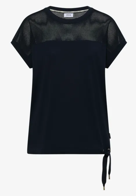 Dunkelblaues Kurzarmshirt mit transparentem Mesh-Oberteil und seitlicher Zierschleife.