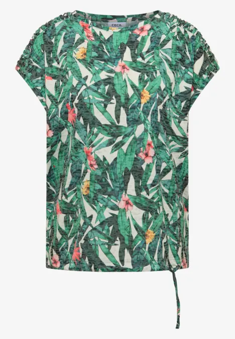 Shirt met burn-out look khaki Groen dames-T-shirt met korte mouwen en tropische blad- en bloemenprint, zijstrikdetail.