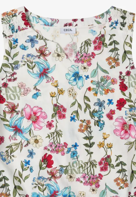 Top mit Split Neck und Raffung light alabaster white Ärmelloses weißes Top mit buntem Blumenmuster aus pinken, blauen und roten Blüten und grünen Blättern.
