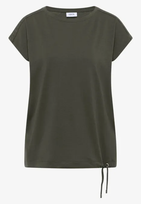 Olivgrünes, locker geschnittenes Damen-Shirt mit kurzen Ärmeln und seitlicher Kordel am Saum.