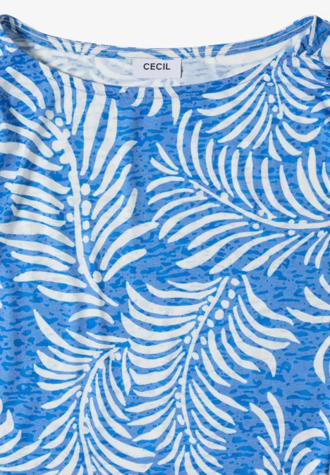 Blaues T-Shirt mit weißem Farnblatt-Print und Rundhalsausschnitt von CECIL.