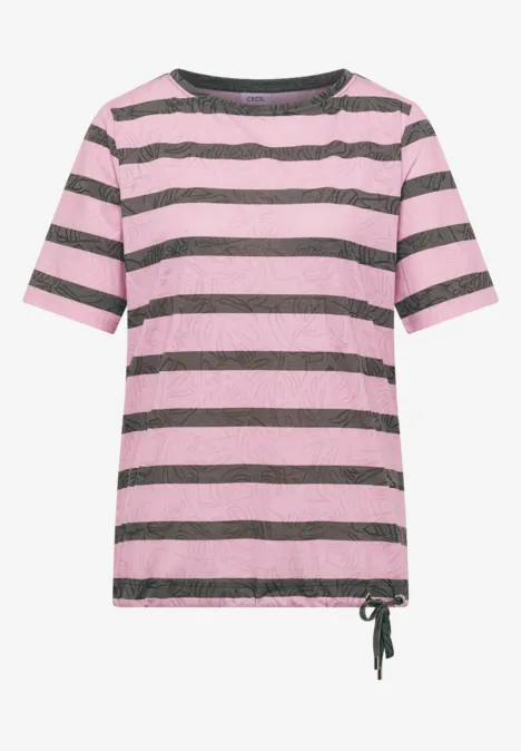 Rosa T-Shirt mit schwarzen Querstreifen und seitlicher Kordel am Saum.