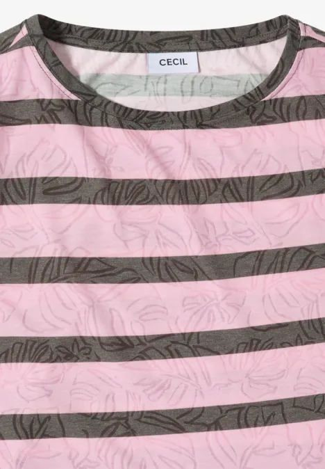 Ein rosa-grau gestreiftes T-Shirt von CECIL mit Rundhalsausschnitt.