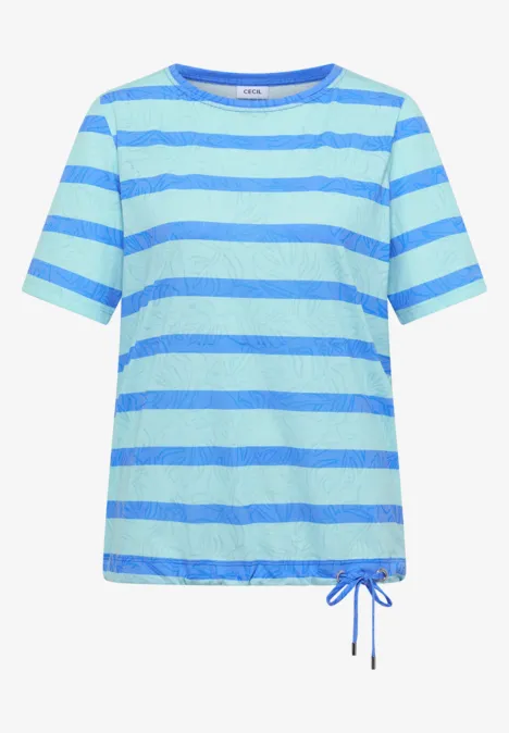 T-shirt manches courtes à rayures bleu clair et turquoise avec cordon de serrage latéral