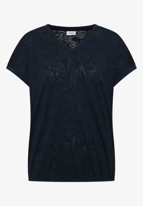 Dunkelblaues V-Shirt mit kurzen Ärmeln und dezentem Blumenmuster.