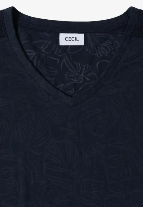 Dunkles V-Neck-Shirt mit dezent eingeprägtem Blattmuster und Markenlabel CECIL.