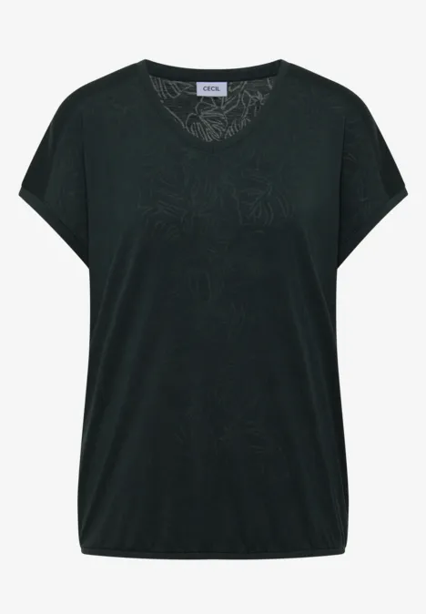 Dunkelgrünes Damenshirt mit V-Ausschnitt, kurzen Ärmeln und dezentem Muster.