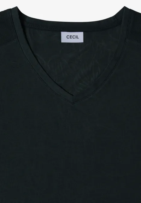 Gefaltetes schwarzes V-Neck T-Shirt mit CECIL-Label.