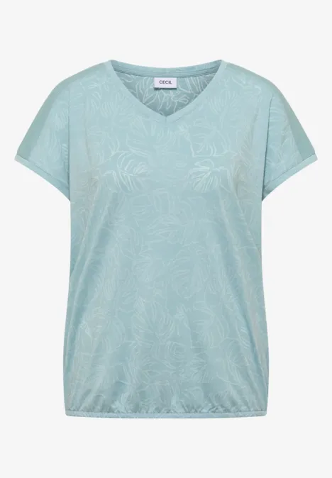 Leichtes, mintgrünes Damen-T-Shirt mit V-Ausschnitt und angedeutetem Blumenmuster, lässiger Schnitt.