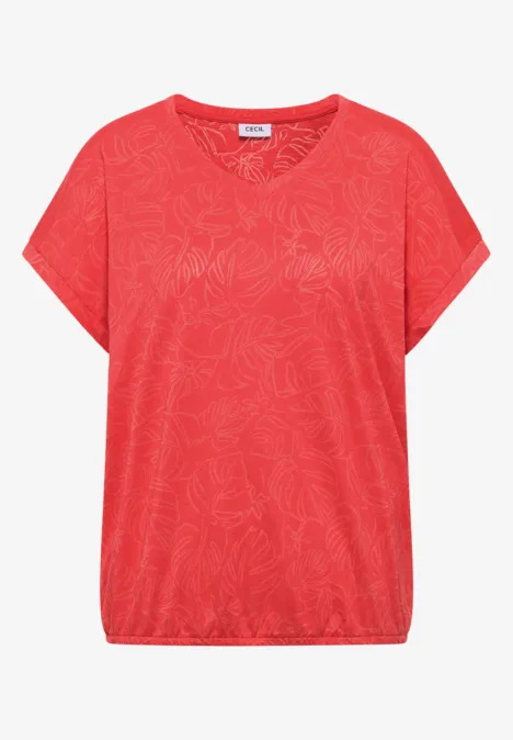 Shirt met ton-sur-ton burn-outpatroon coral Rotes Damenshirt mit floralem Muster, weitem Schnitt und elastischem Saum.