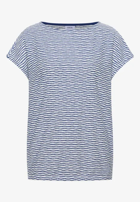 T-shirt blanc à fines rayures bleues et manches courtes